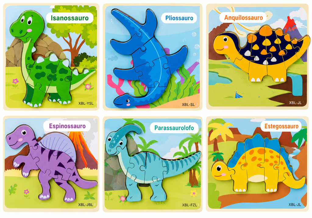 Quebra-Cabeça 3D Montessori de Dinossauros em Madeira 🦖🧩