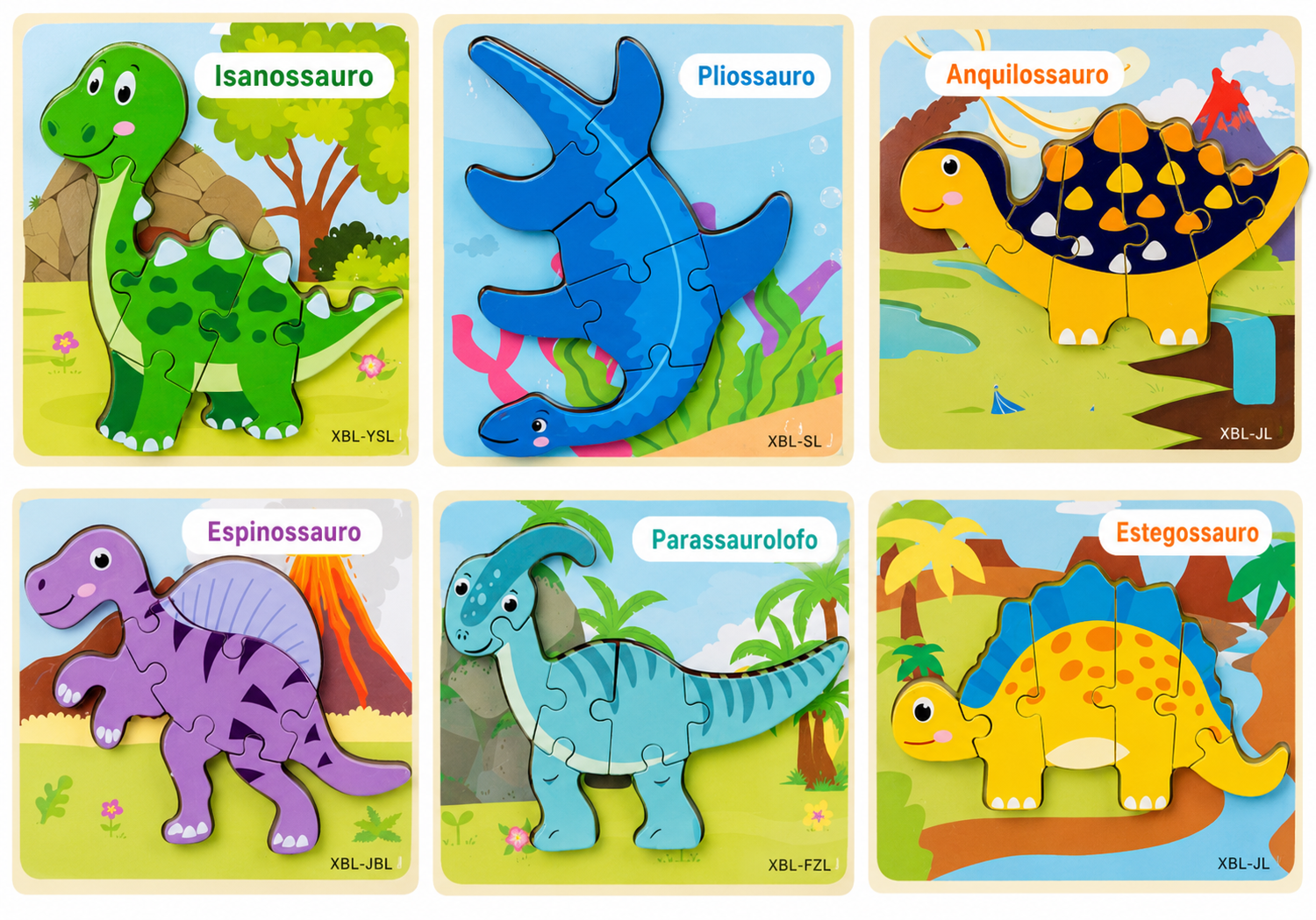 Quebra-Cabeça 3D Montessori de Dinossauros em Madeira 🦖🧩